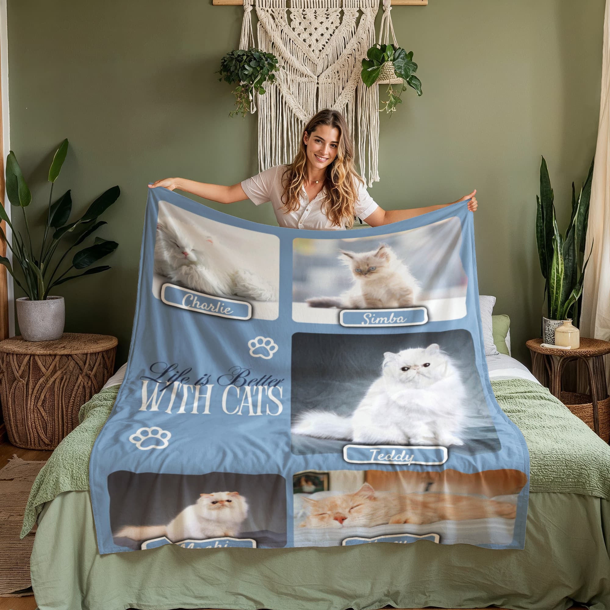 Personalized Multi-Cat Photo Blanket - Custom Cat Collage Fleece Blanket - 2-5 Cats Names & Photos