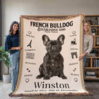 Two people holding a French Bulldog-themed blanket with text and graphics.Personalized with your Frenchie's name and photo.