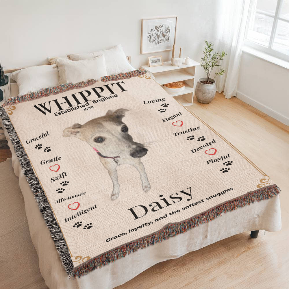 Personalized blanket with a dog's face and text on a bed in a room. Personalize your Whippit woven blanket with your favorite photo and your dog's name.