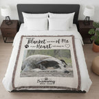 Blanket with a photo of a dog and text on a bed in a bedroom setting