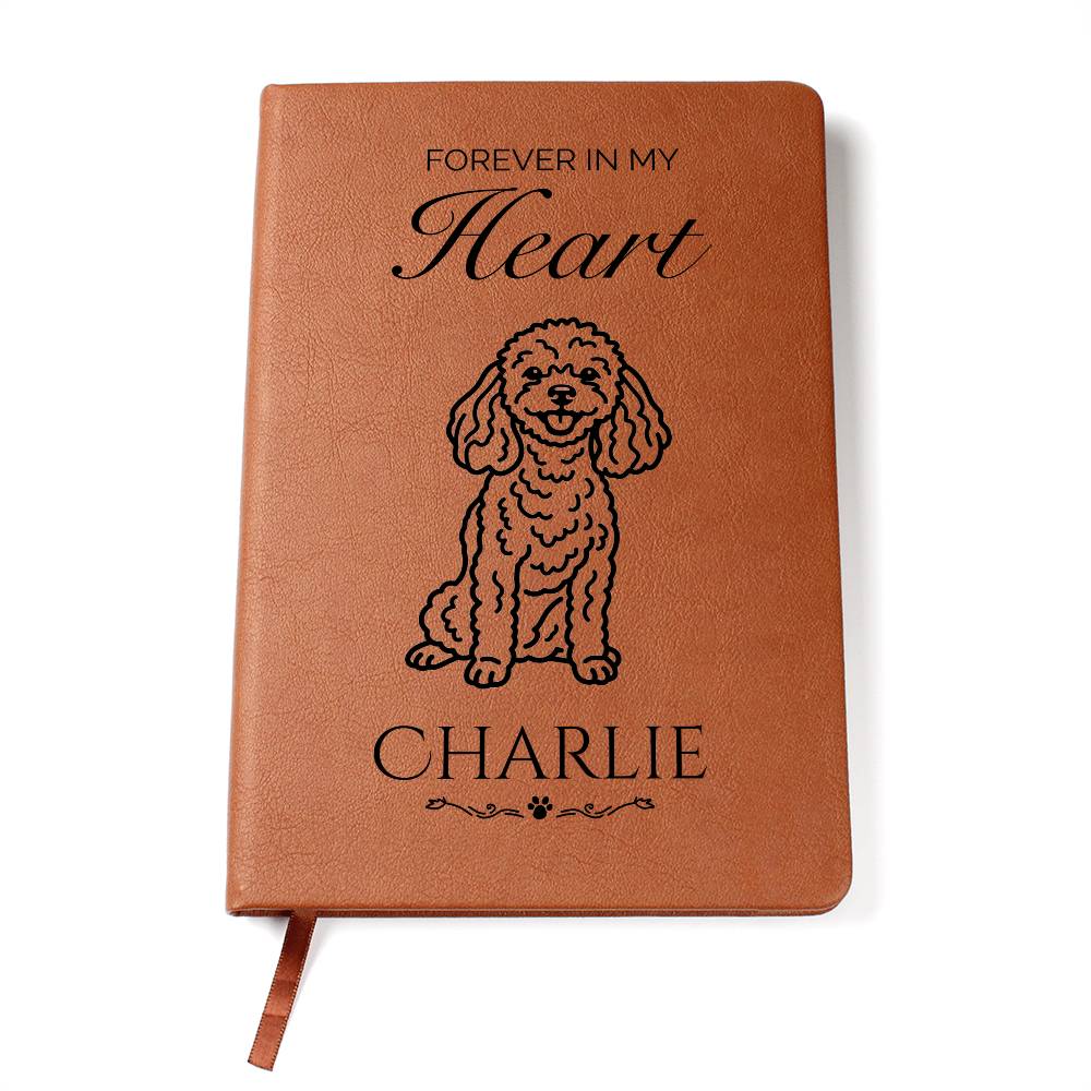 Brown notebook with a dog illustration and text on a white background