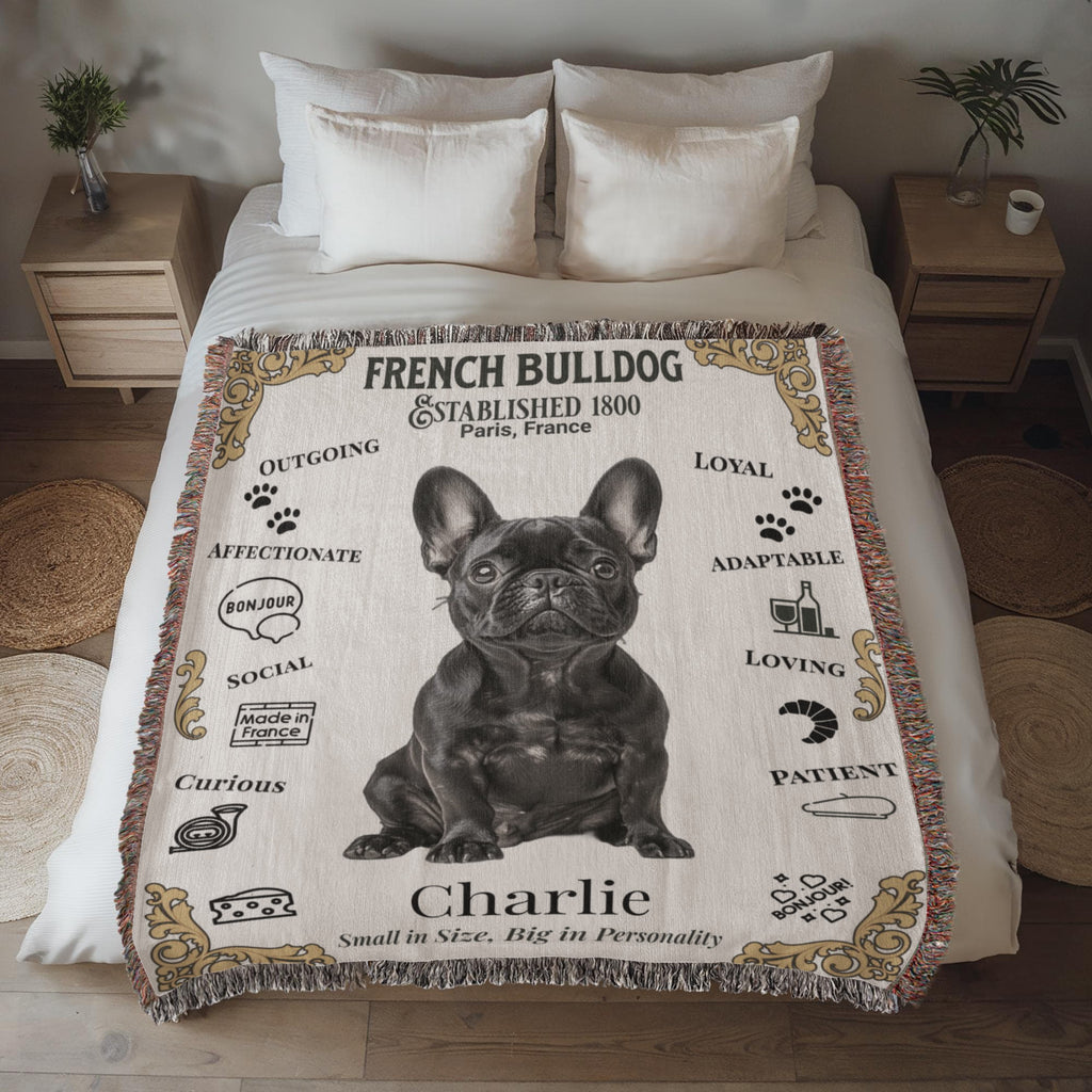 Bed with a French Bulldog-themed blanket featuring the name 'Charlie' in a bedroom setting.  Personalized with your Frenchie's Name and photo,