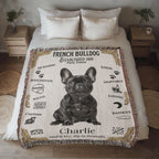 Bed with a French Bulldog-themed blanket featuring the name 'Charlie' in a bedroom setting.  Personalized with your Frenchie's Name and photo,