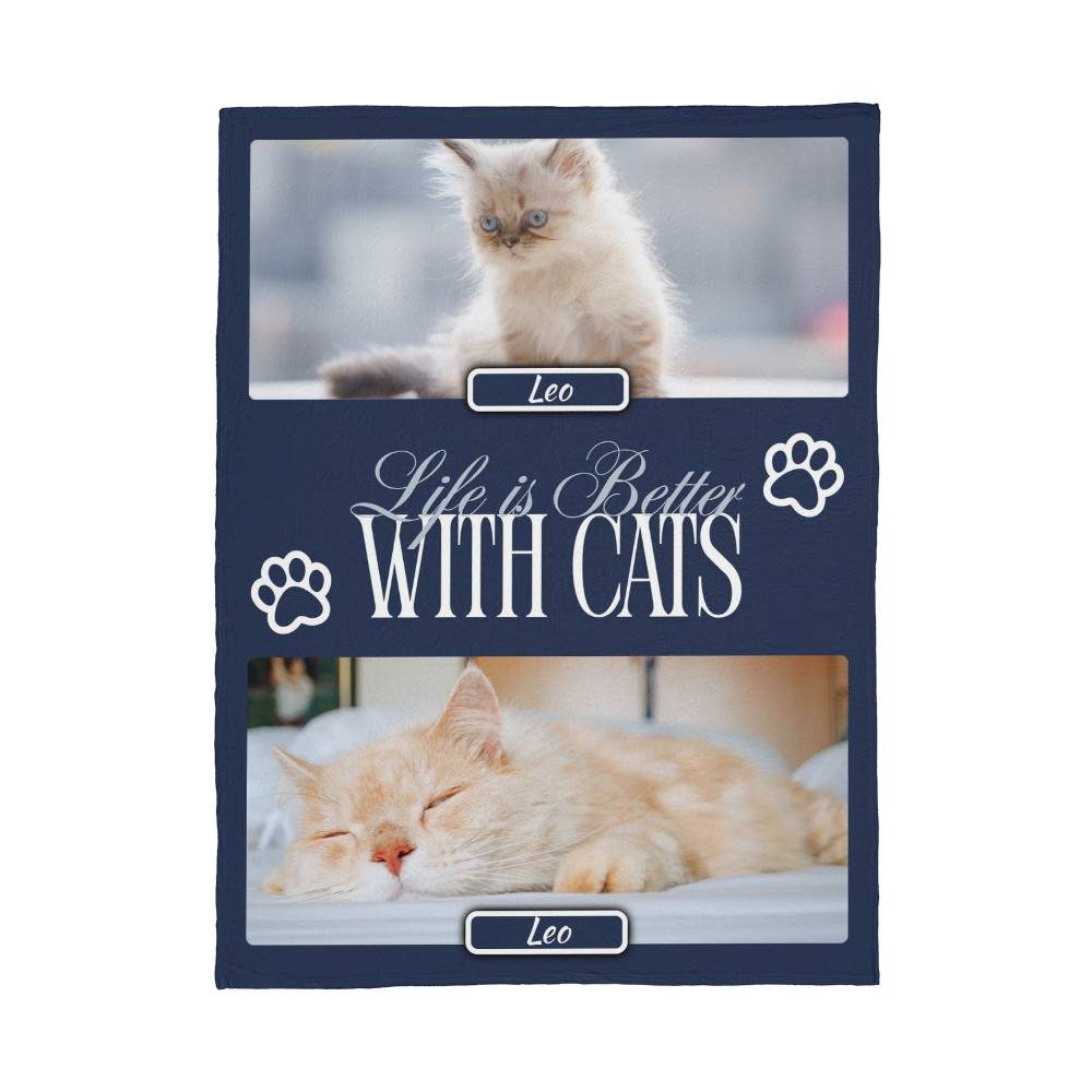 Personalized Multi-Cat Photo Blanket - Custom Cat Collage Fleece Blanket - 2-5 Cats Names & Photos