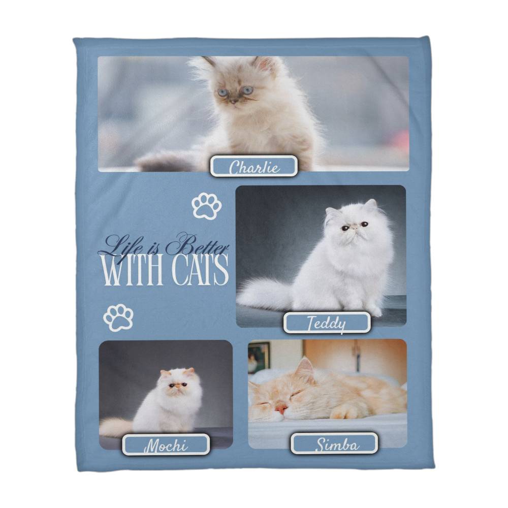 Personalized Multi-Cat Photo Blanket - Custom Cat Collage Fleece Blanket - 2-5 Cats Names & Photos