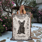 Woman holding a French Bulldog-themed blanket with text and graphics.Personalized with your Frenchie's photo and name.