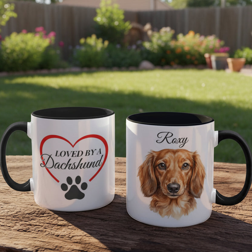 Two mugs with dachshund designs on a wooden surface with a scenic background.