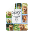 Memorial photo blanket with a collage of a dog and text.