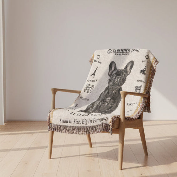 a French Bulldog-themed blanket with text and graphics in an outdoor setting.Personalized with your Frenchie's name and photo.