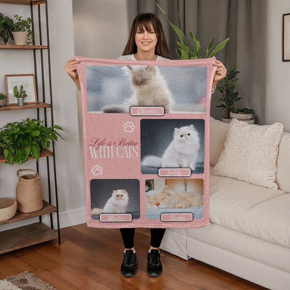 Personalized Multi-Cat Photo Blanket - Custom Cat Collage Fleece Blanket - 2-5 Cats Names & Photos