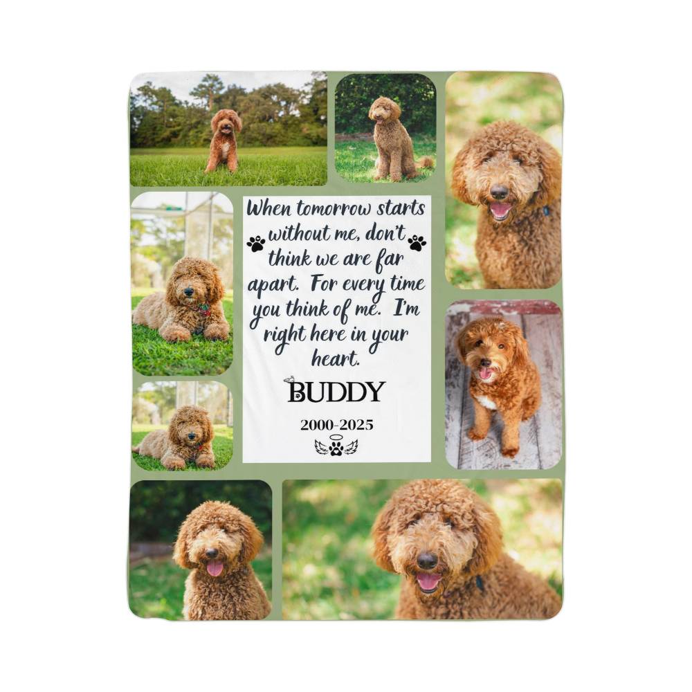 Memorial plaque with images of a dog and a quote, set against a white background.