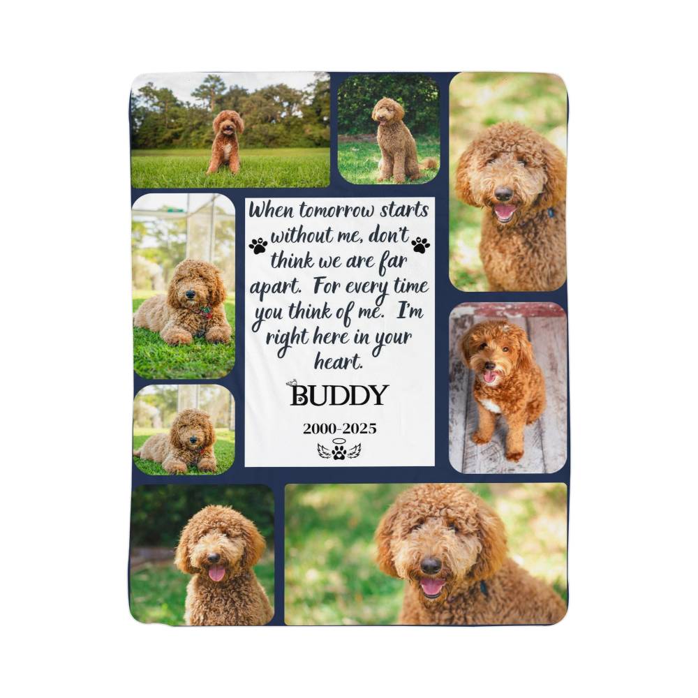 Memorial plaque with images of a dog and a quote, set against a white background.