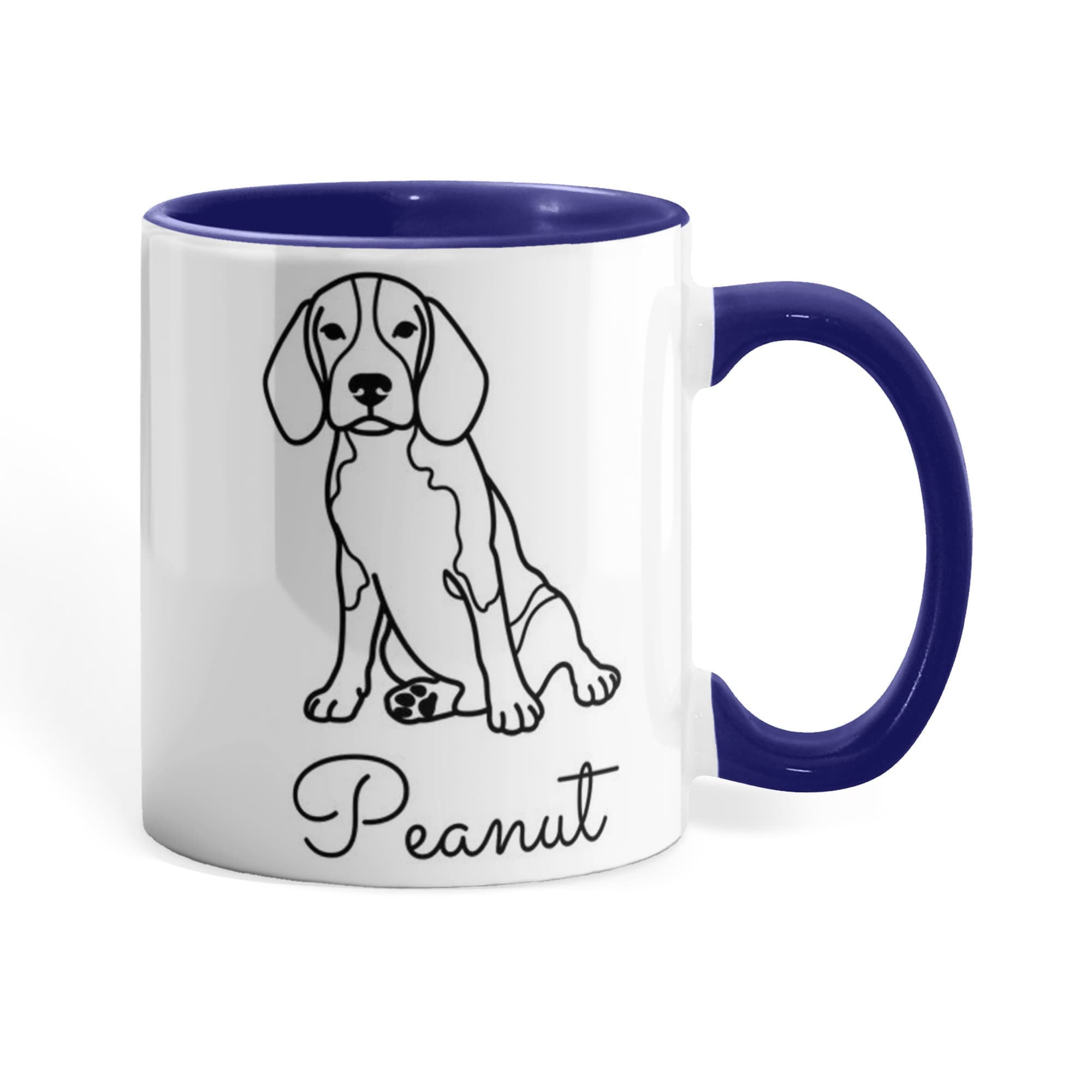 Mug with a dog illustration and 'Peanut' text, blue interior and handle