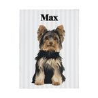 Tea towel with a dog illustration and the name 'Max' on a white background