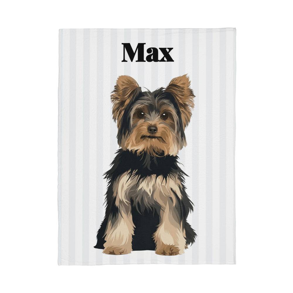 Tea towel with a dog illustration and the name 'Max' on a white background