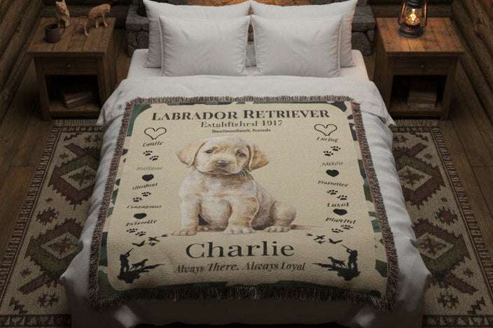 Blanket with a Labrador Retriever design and text on a bed in a bedroom setting.Personalize your woven blanket with your favorite picture of your Lab and their name.
