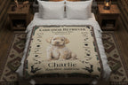 Blanket with a Labrador Retriever design and text on a bed in a bedroom setting.Personalize your woven blanket with your favorite picture of your Lab and their name.