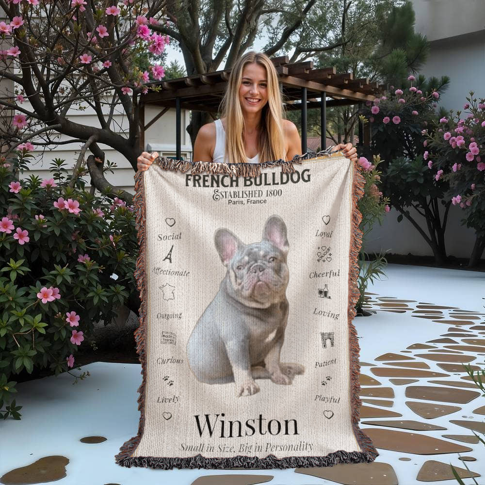 🐾 My Little Buddie Heirloom Woven Blanket – French Bulldog Edition - Gold Frame