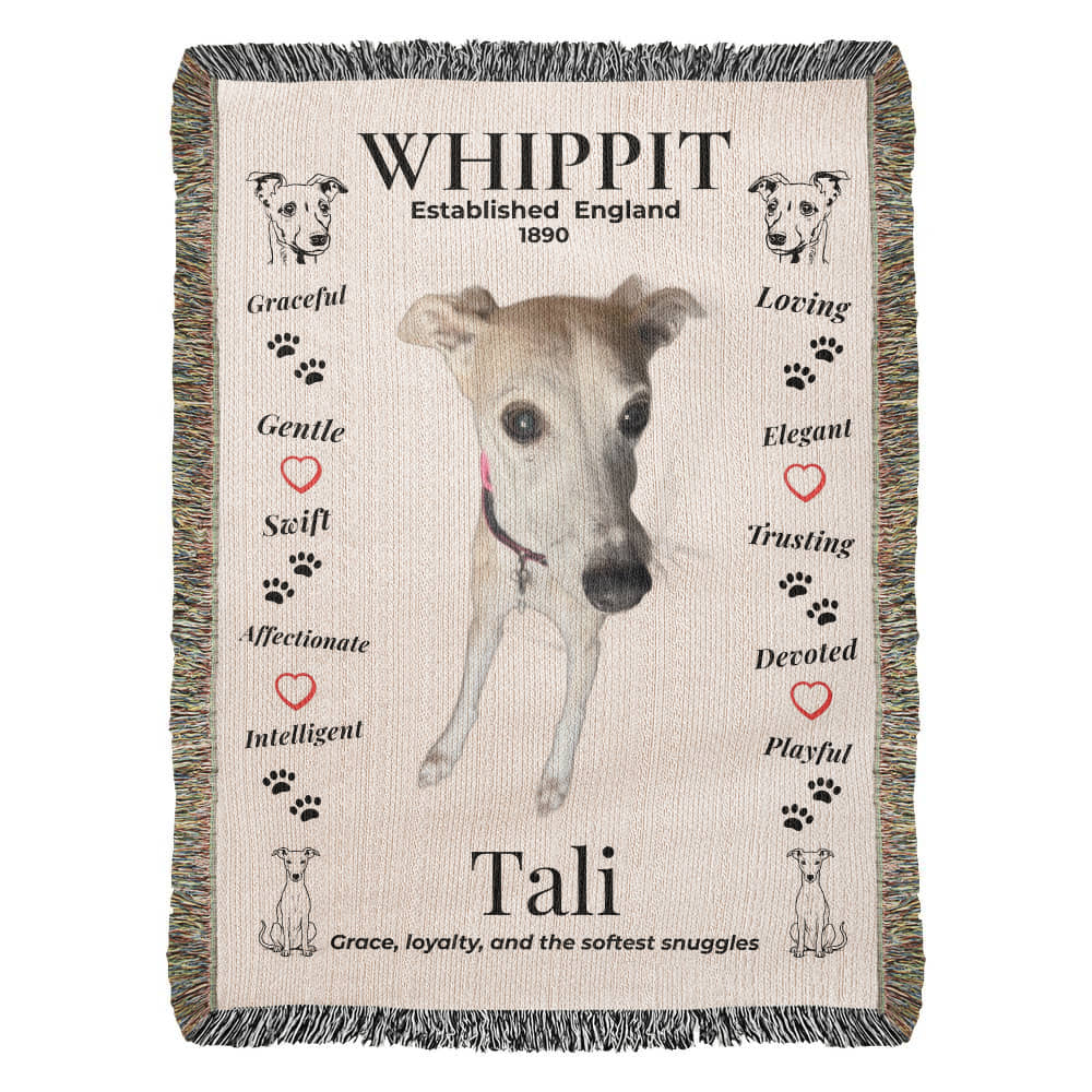 Blanket with a whippet illustration and text on a white Personalize your woven blanket with your favorite photo of your Whippit.