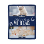 Navy blanket with cat images and 'Life is Better with Cats' text on a white background