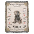 Blanket with a Labrador Retriever design, featuring text and paw prints on a white background.Personalize your Labrador Retriever woven blanket with your dog's photo and name.