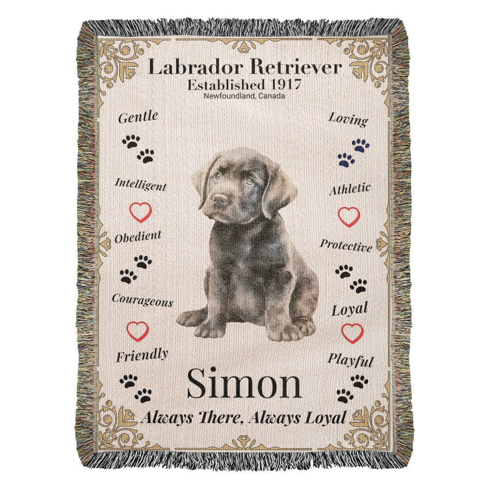 Blanket with a Labrador Retriever design, featuring text and paw prints on a white background.Personalize your Labrador Retriever woven blanket with your dog's photo and name.