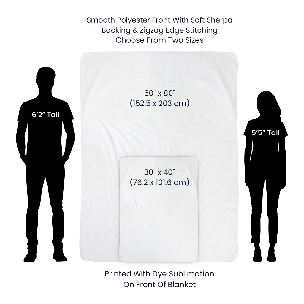 Blanket with size dimensions shown next to silhouettes of a 6'2" and 5'5" person.