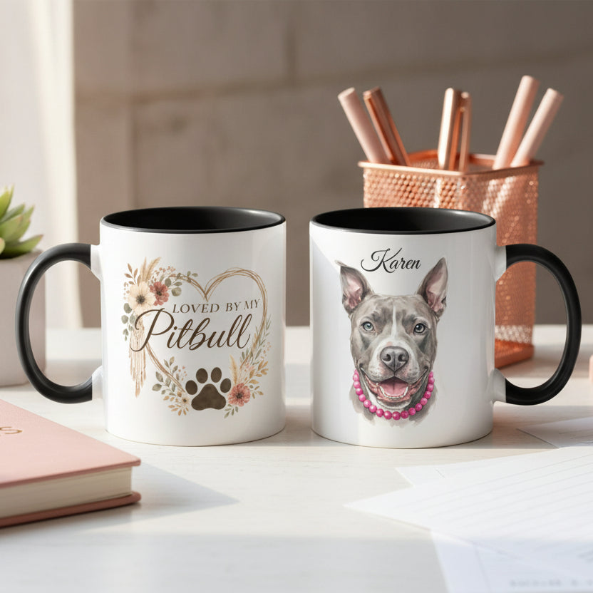 Loved by My Pitbull – Floral Watercolor Portrait Mug