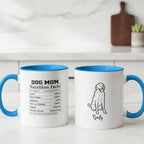 Two mugs with blue interior and handle, one displaying 'DOG MOM Nutrition Facts' and the other with a dog illustration and name.