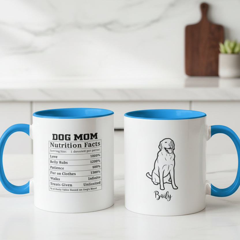 Two mugs with blue interior and handle, one displaying 'DOG MOM Nutrition Facts' and the other with a dog illustration and name.