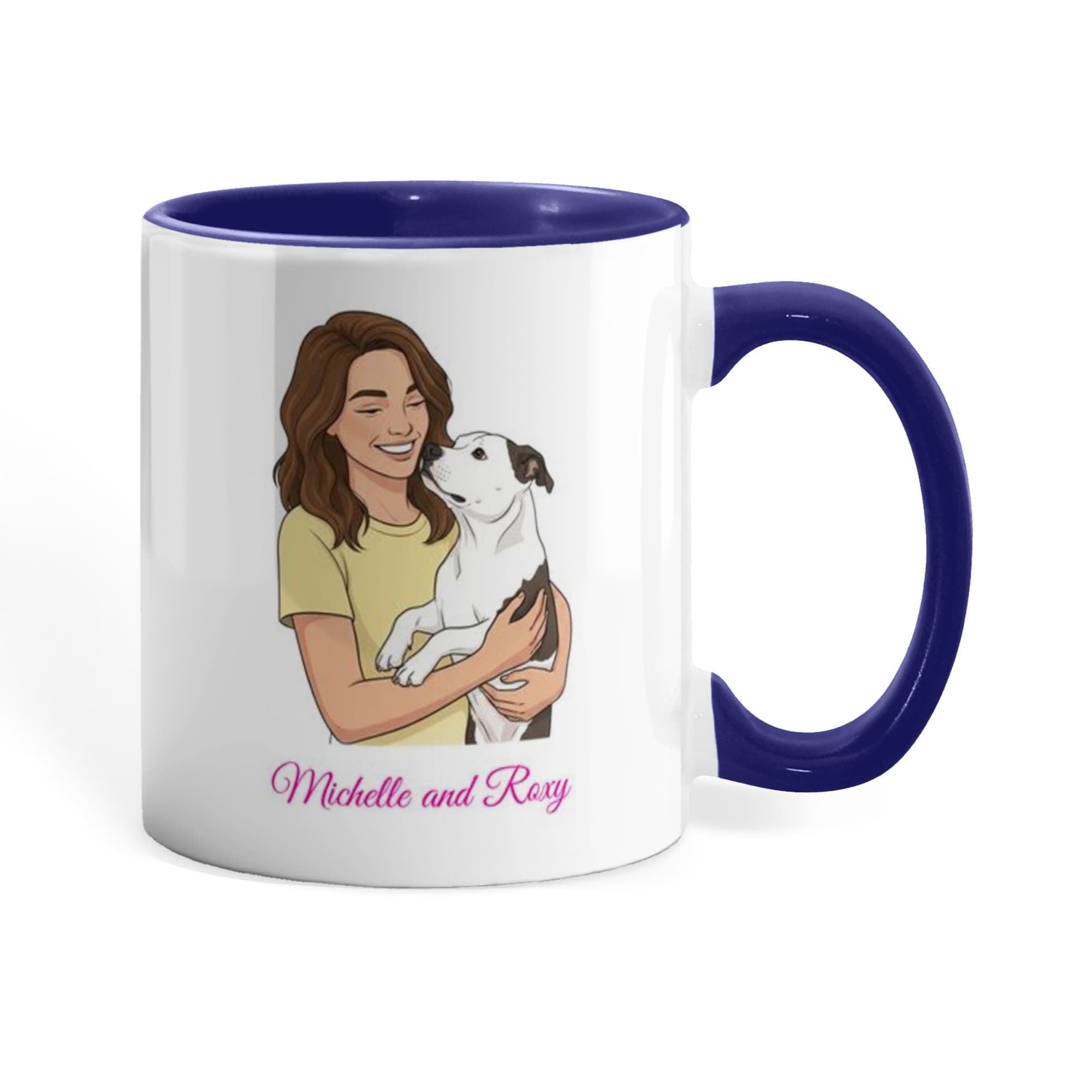 Mug with a design of a woman holding a dog and text 'Michelle and Roxie' on a white background.