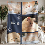 Blanket with images of a cat named Biscuit and paw prints on a blue background.