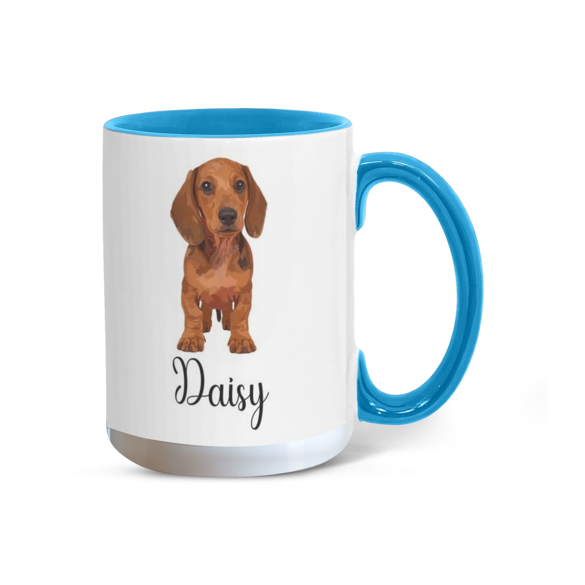 Mug with a dachshund illustration and the name 'Daisy' on a white background