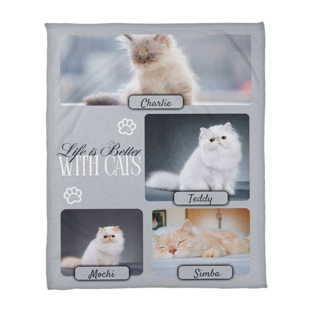 Personalized Multi-Cat Photo Blanket - Custom Cat Collage Fleece Blanket - 2-5 Cats Names & Photos