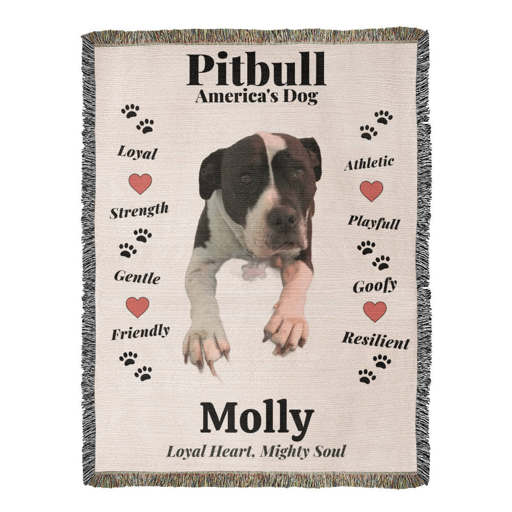 Pitbull-themed blanket with text and a dog's face on a beige background