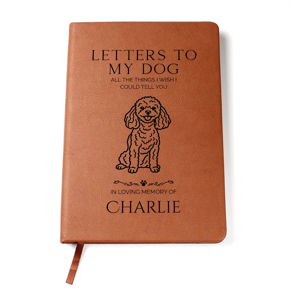 Brown notebook with 'Letters to My Dog' text and dog illustration on a white background