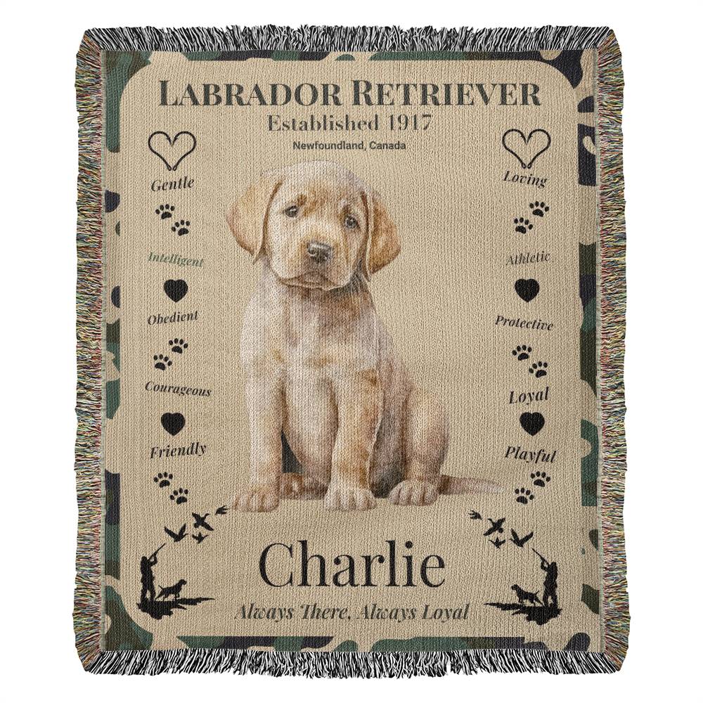 Woven blanket with a Labrador Retriever puppy and descriptive text on a beige background.Personalize your woven blanket with your favorite picture of your Lab and their name.