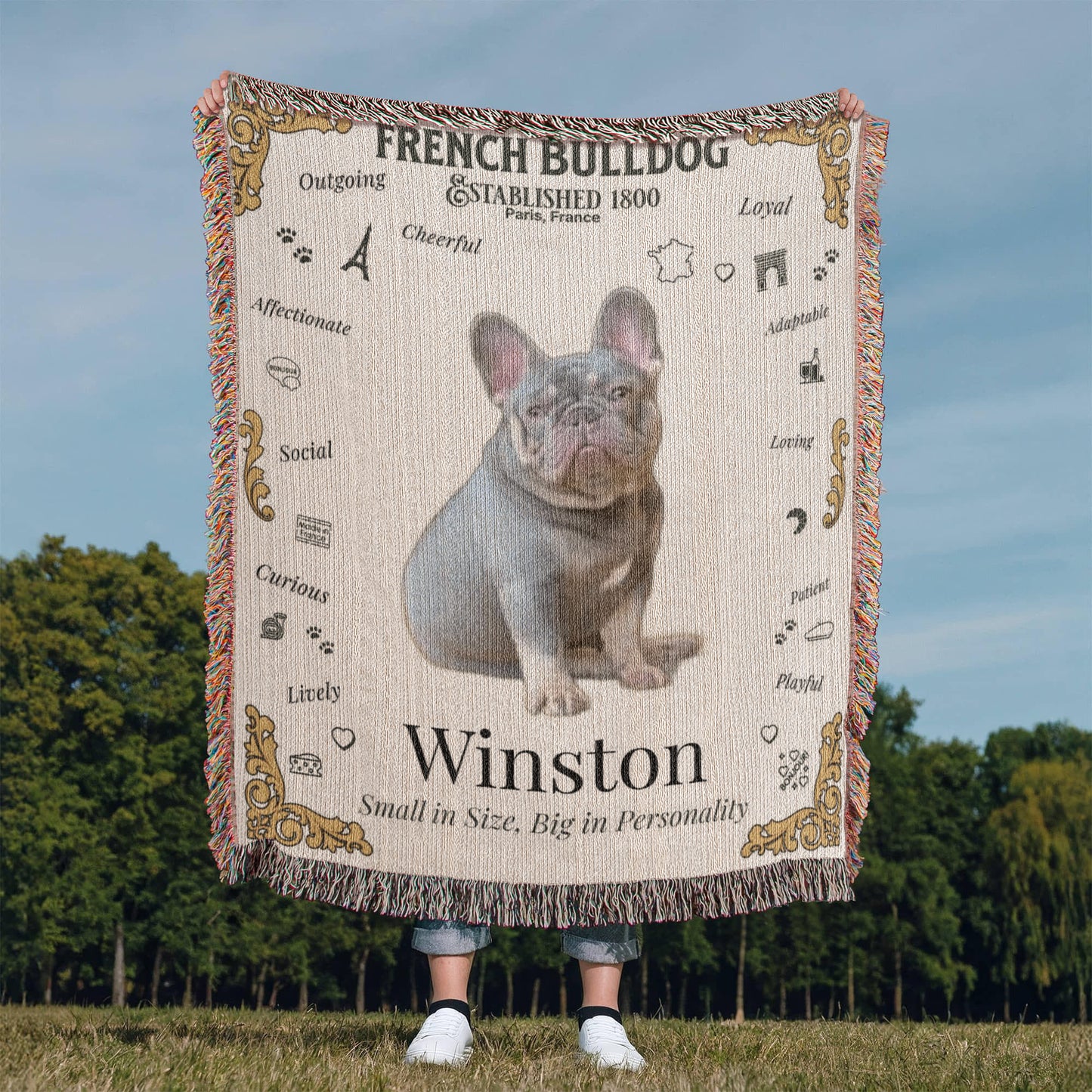 🐾 My Little Buddie Heirloom Woven Blanket – French Bulldog Edition - Gold Embellishment