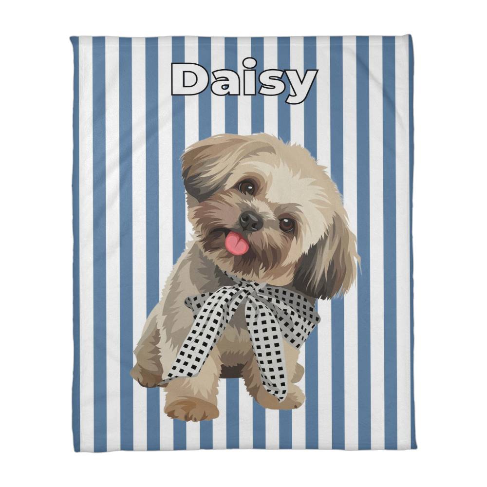 Blanket with a dog illustration and name 'Daisy' on a blue and white striped background