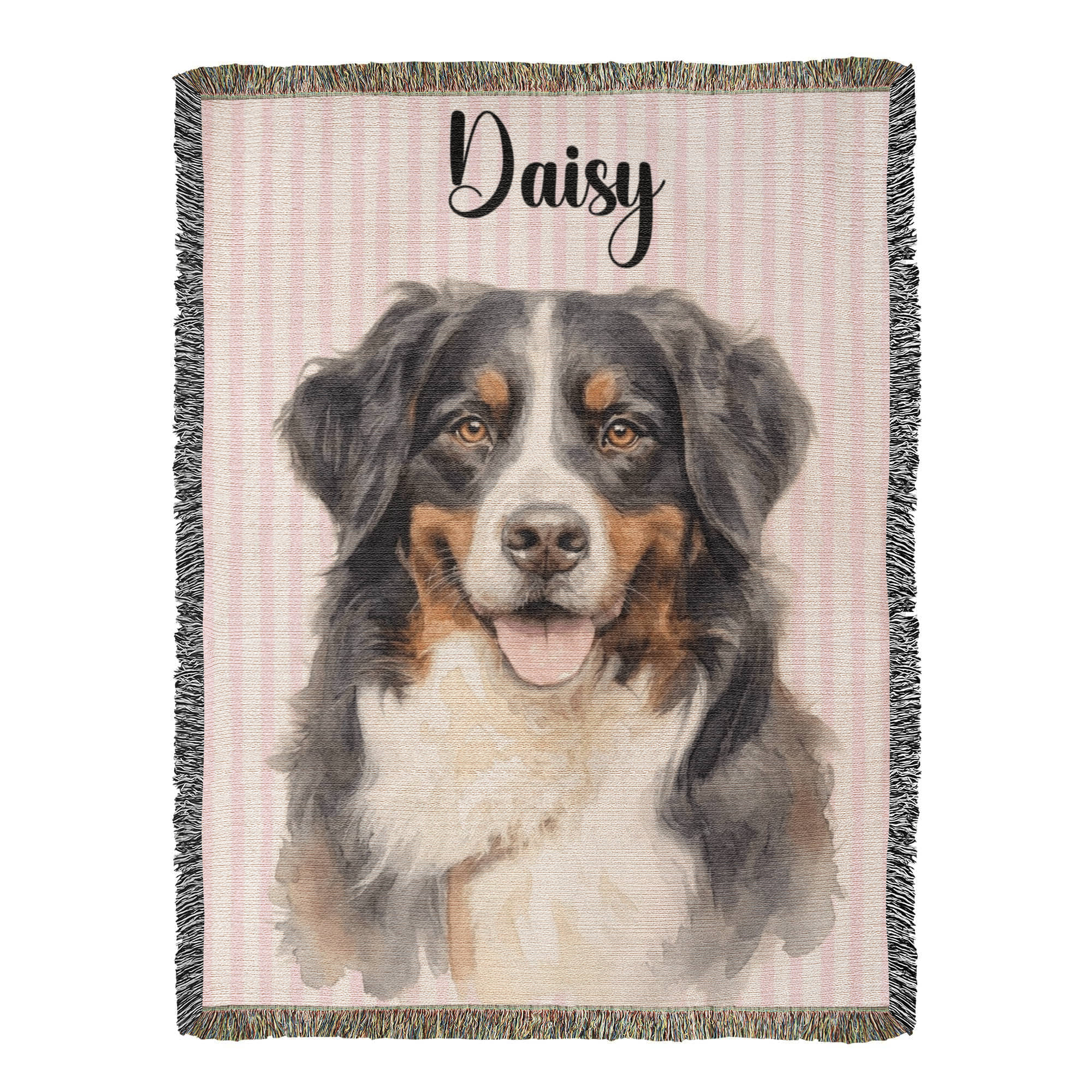 Woven blanket with a dog portrait and the name 'Daisy' on a pink background