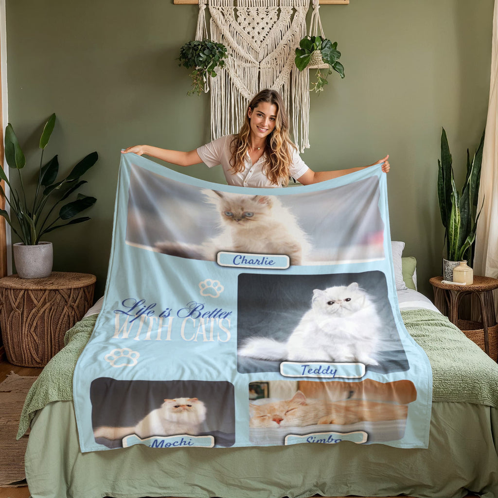 Personalized Multi-Cat Photo Blanket - Custom Cat Collage Fleece Blanket - 2-5 Cats Names & Photos