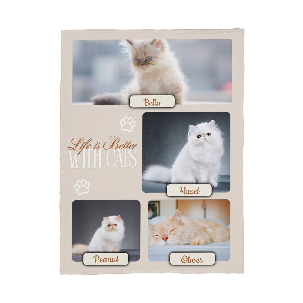 Personalized Multi-Cat Photo Blanket - Custom Cat Collage Fleece Blanket - 2-5 Cats Names & Photos