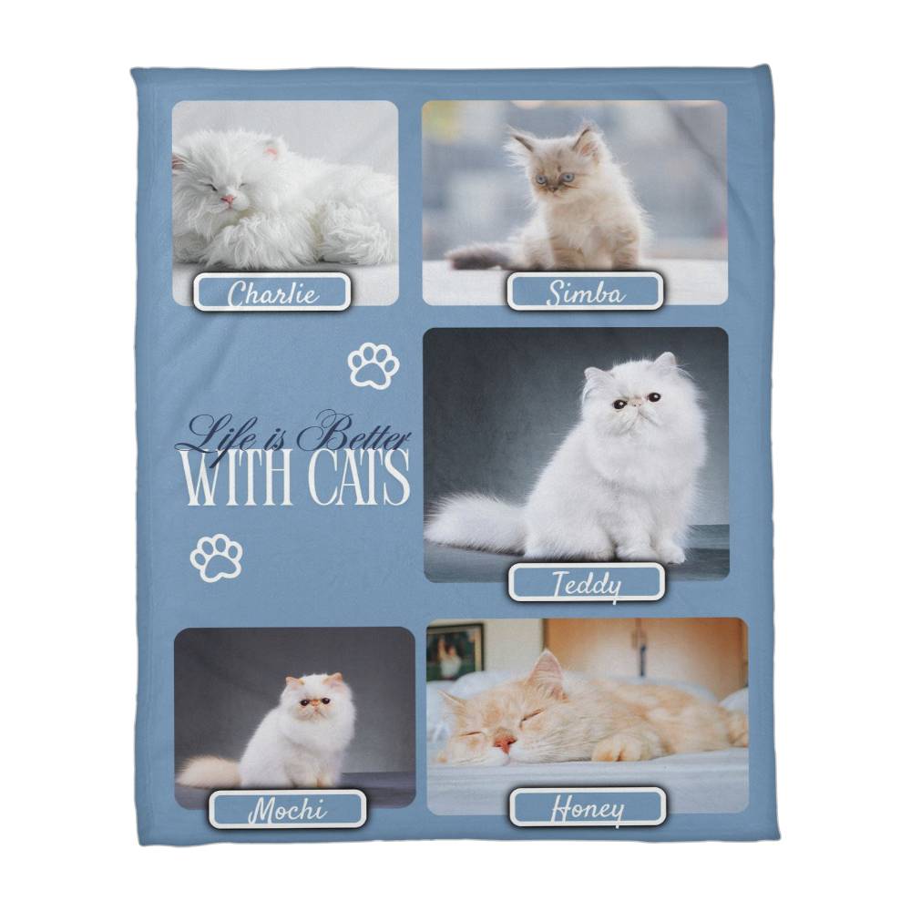 Personalized Multi-Cat Photo Blanket - Custom Cat Collage Fleece Blanket - 2-5 Cats Names & Photos