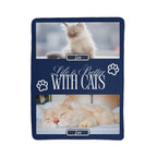 Navy blue pet bed with images of cats and text 'Life is Better With Cats' on a white background