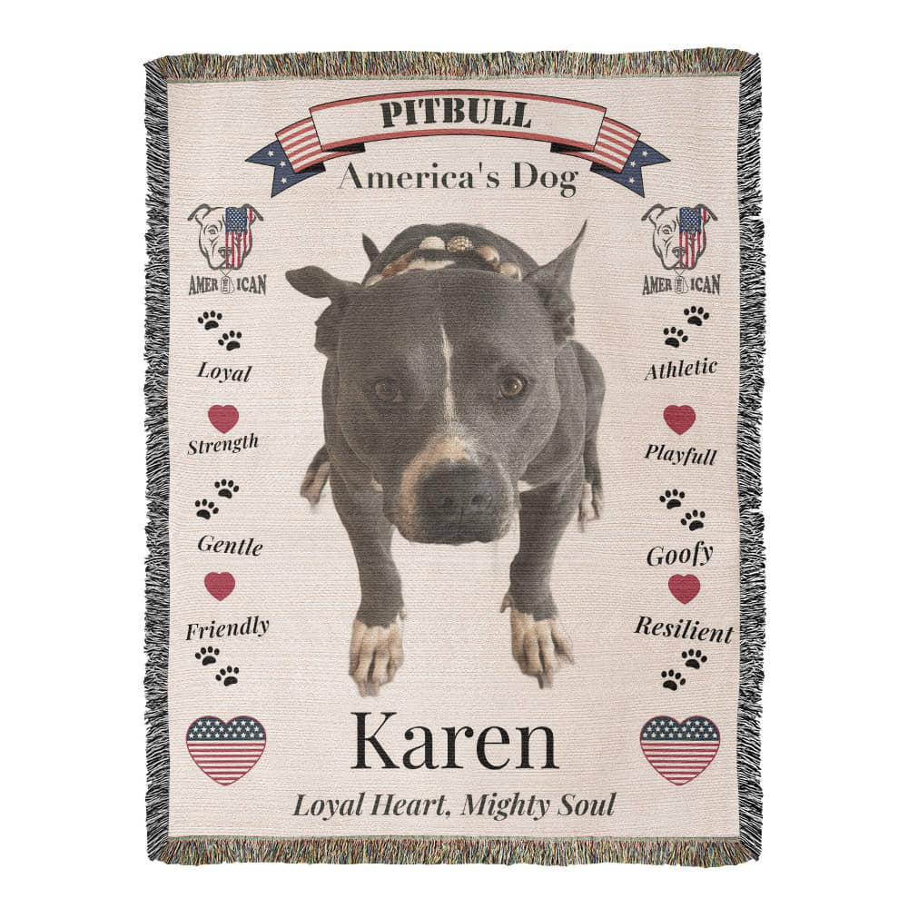 Pitbull-themed blanket with text and graphics on a beige background. Personalize your woven blanket with your favorite picture of your Pittie with their name.