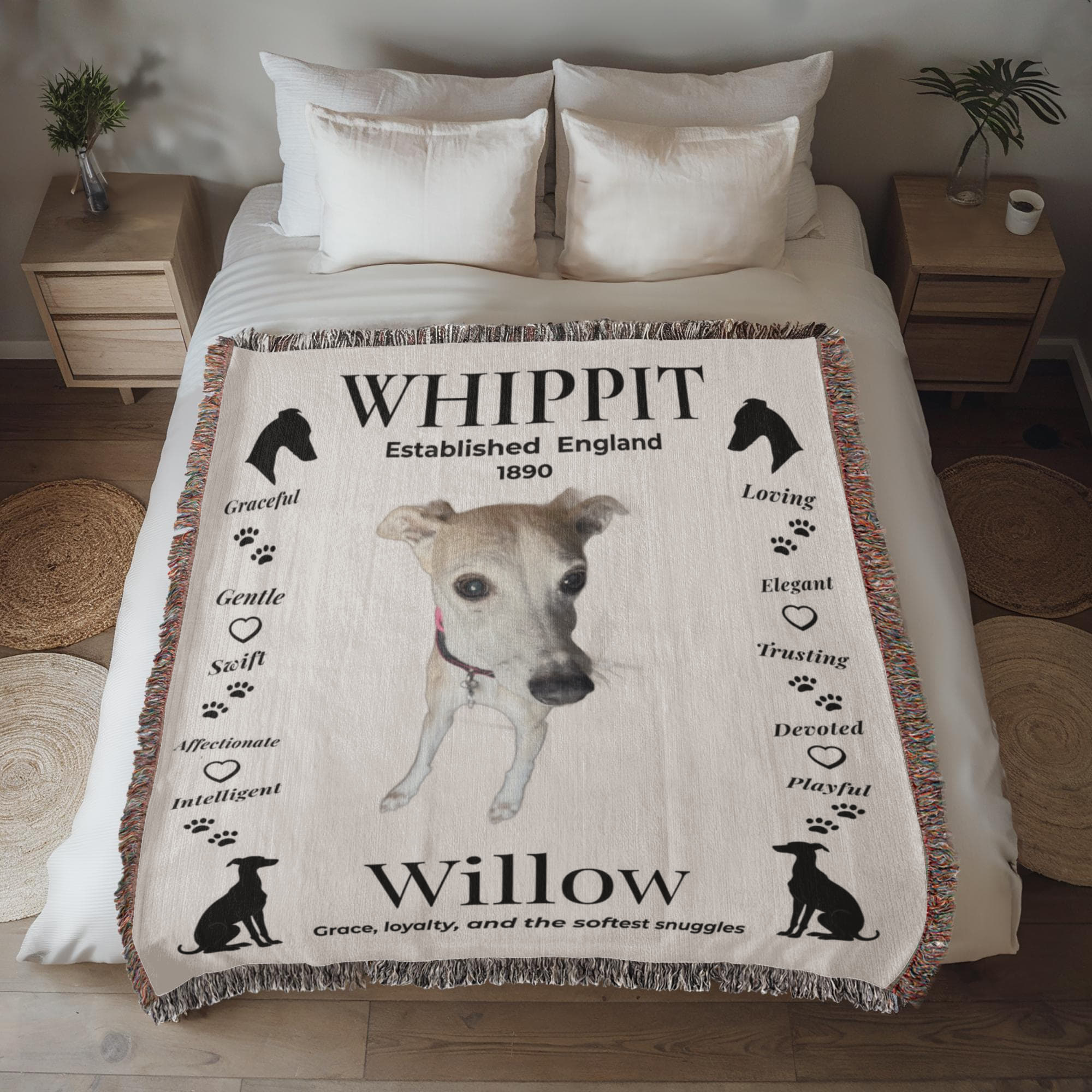 Blanket with a whippet design and text on a bed in a bedroom. Personalize your woven blanket with your favorite photo of your Whippit.