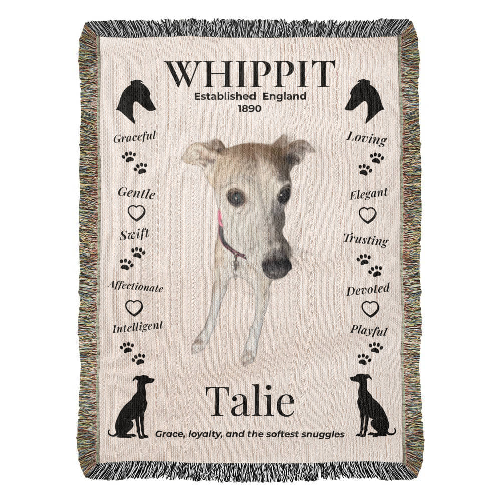 Blanket with a whippet design and text on a white Personalize your woven blanket with your favorite photo of your Whippit.