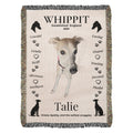 Blanket with a whippet design and text on a white Personalize your woven blanket with your favorite photo of your Whippit.