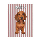 Dog illustration with 'Daisy' text on a striped background