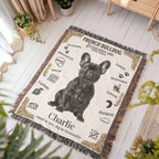 Personalized French Bulldog woven throw blanket with illustrations on a wooden floor.Personalized with your Frenchie's Name and photo,